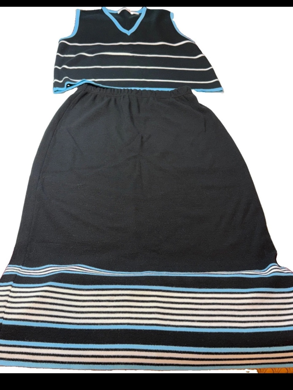 Karen Lessly VTG BLACK blue Striped Sweater Vest AND Long Skirt SET womens Large